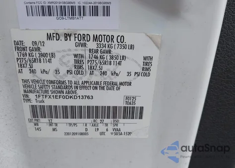 2013 Ford F-150 Xlt z USA, uszkodzony, nr VIN 1FTFX1EF0DKD13763